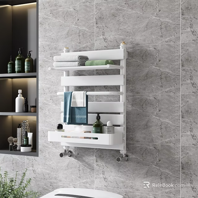 White Wall Mounted Bathroom Cabinet Rack With Towels And Bottles On Marble Wall 3d model 