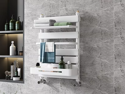 White Wall Mounted Bathroom Cabinet Rack With Towels And Bottles On Marble Wall 3d model