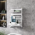 White Wall Mounted Bathroom Cabinet Rack With Towels And Bottles On Marble Wall