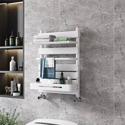 White Wall Mounted Bathroom Cabinet Rack With Towels And Bottles On Marble Wall 3d model