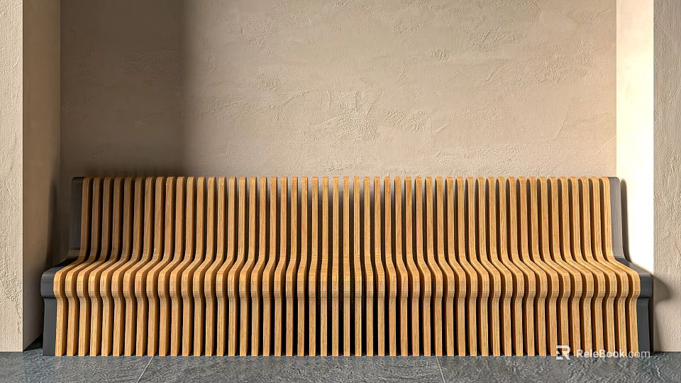 Outdoor Wooden Bench With Curved Vertical Slats For Garden Patio Seating 3d model 