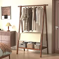 Wooden Clothes Rack With Hanging Dresses Shirts And Storage Baskets In Bedroom