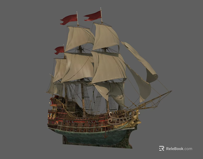 Vintage Wooden Sailing Ship With Red Flags And White Sails On Gray Background 3d model 