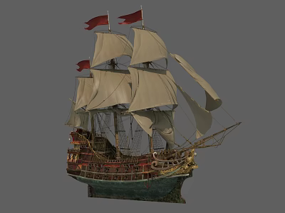 Vintage Wooden Sailing Ship With Red Flags And White Sails On Gray Background 3d model