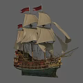 Vintage Wooden Sailing Ship With Red Flags And White Sails On Gray Background