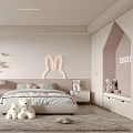 Kids Room Interior With Bunny Shaped Wall Decor Stuffed Toys Bed Desk And Rug