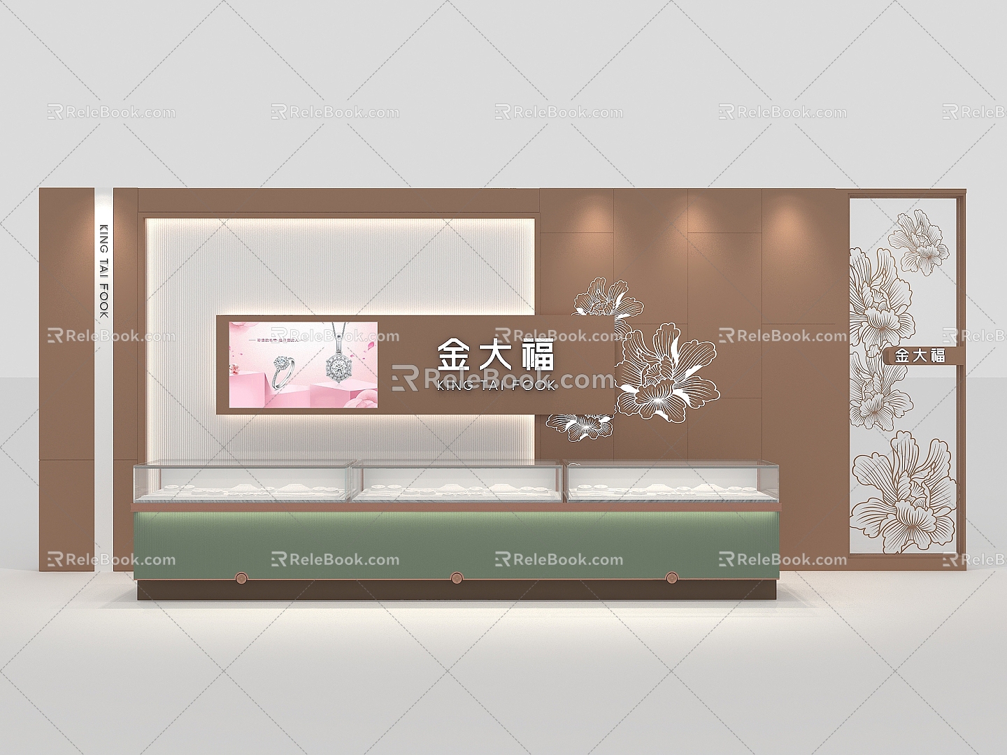 Jindafu Image Wall Jewelry Store Sales Cabinet Jewelry Store Image Wall Peony Flower Carving Peony Flower Line Carving 3d model