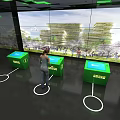Person Standing Among Green JUPITER Cubes In Tech Interactive Space With Large Screen 3d model