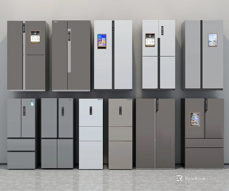 Various Gray And White Refrigerators Freezers With Side by Side And Multi Door Designs 3d model 