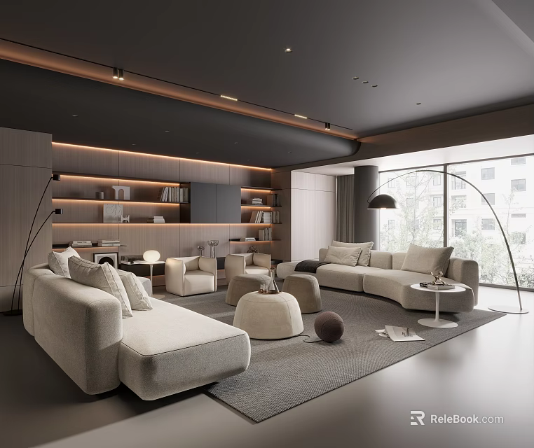 Modern Living Room Interior With Sofa Coffee Table Set Bookshelves And Floor Lamp 3d model 