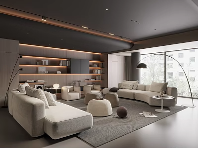 Modern Living Room Interior With Sofa Coffee Table Set Bookshelves And Floor Lamp 3d model