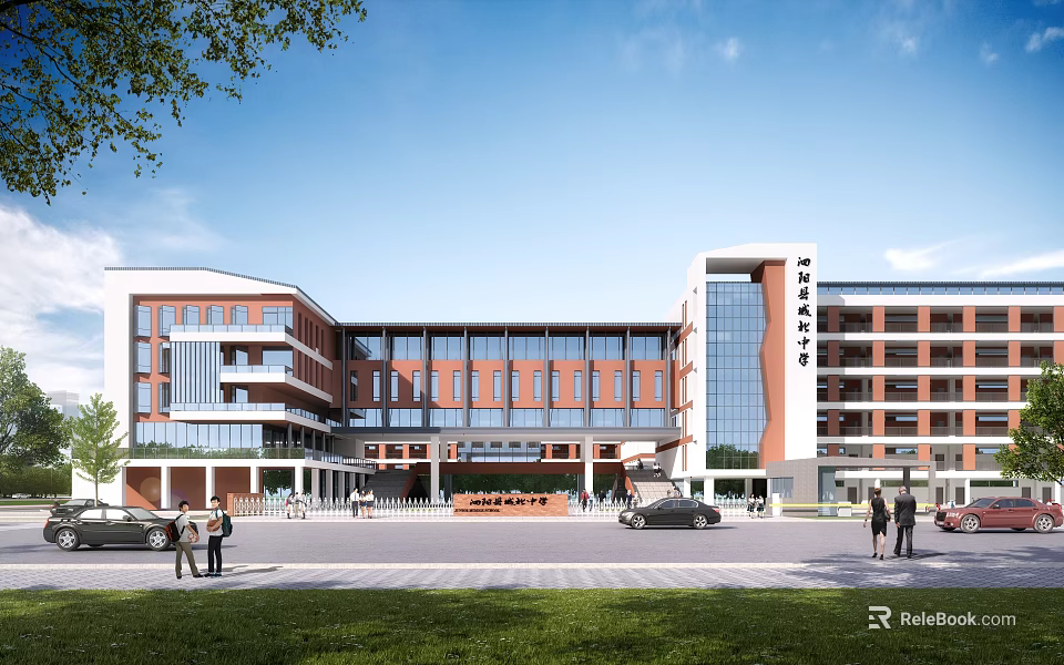 Multi Story Modern School Building With Red Brick Facade Glass Windows And Green Lawn Area 3d model 