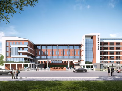 Multi Story Modern School Building With Red Brick Facade Glass Windows And Green Lawn Area 3d model