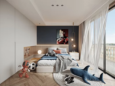 Kids Room Interior Featuring Soccer Ball Robot Toy Shark Plush And Wooden Floor 3d model