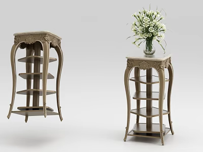 Ornate Multi Tiered Plant Stands With Carved Details And Vase Of White Flowers 3d model