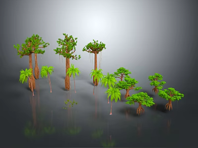 Diverse Green Plants with Tall and Short Trees Including Palms and Tropical Varieties 3d model