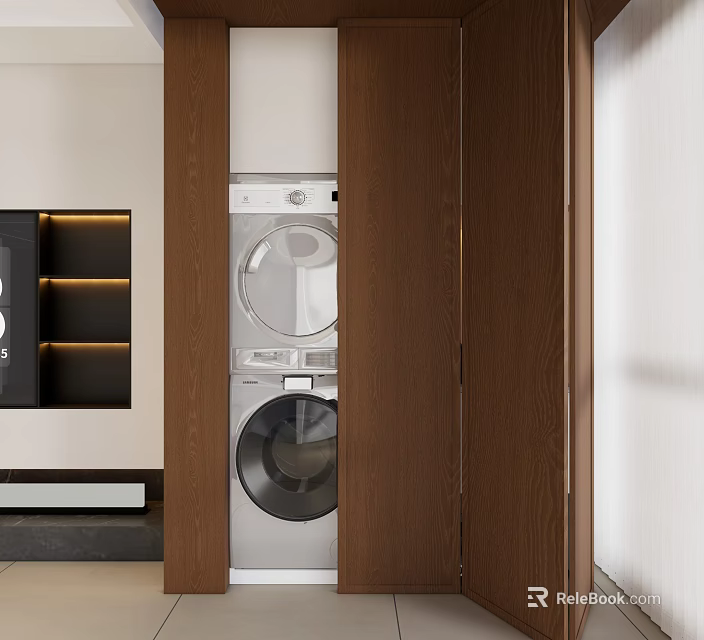 Wooden Folding Doors Hide Laundry Area In Modern Interior Space 3d model 