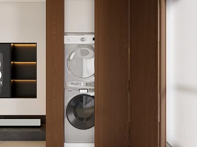 Wooden Folding Doors Hide Laundry Area In Modern Interior Space 3d model