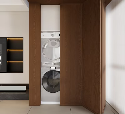 Wooden Folding Doors Hide Laundry Area In Modern Interior Space 3d model