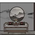 Traditional Chinese Style Luohan Bed With Round Landscape Painting Wall And Wooden Tea Table