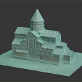 Cartoon Scene Featuring Church Model With Spire Arched Windows And Tile Roof On White Platform