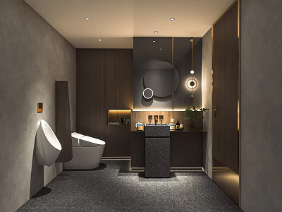 Elegant Modern Bathroom Interior With Gray Walls Dark Wooden Cabinets Round Mirror And Pendant Lights 3d model