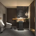 Elegant Modern Bathroom Interior With Gray Walls Dark Wooden Cabinets Round Mirror And Pendant Lights