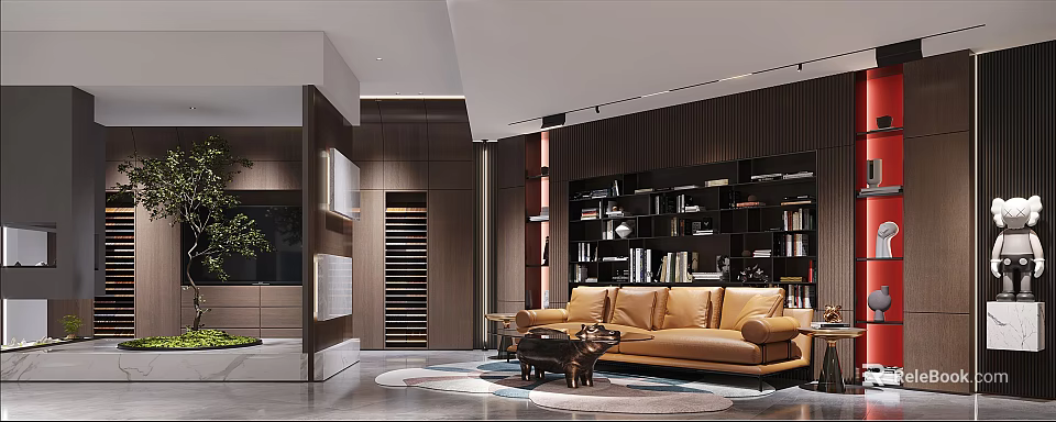 Modern Style Living Room Featuring Brown Leather Sofa Wooden Bookshelf Coffee Table And Rug 3d model