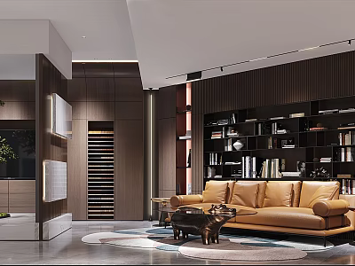 Modern Style Living Room Featuring Brown Leather Sofa Wooden Bookshelf Coffee Table And Rug 3d model