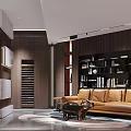 Modern Style Living Room Featuring Brown Leather Sofa Wooden Bookshelf Coffee Table And Rug 3d model