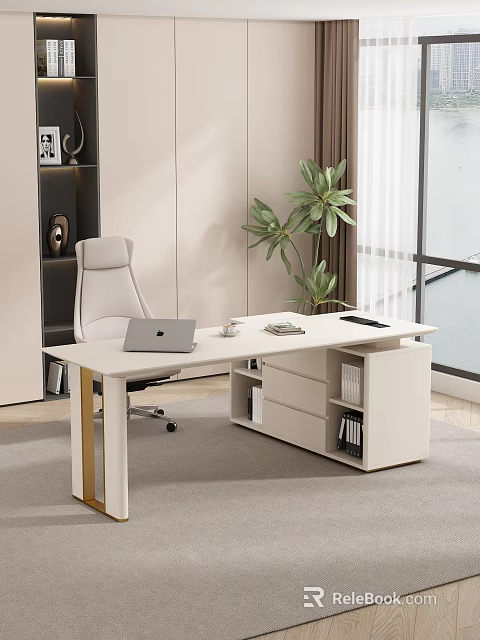 Modern Office Desk With Laptop Books Cup Tablet Gray Chair Green Plant And Storage Cabinets 3d model 