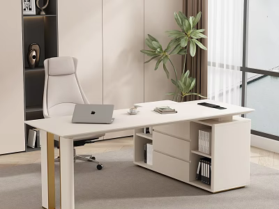 Modern Office Desk With Laptop Books Cup Tablet Gray Chair Green Plant And Storage Cabinets 3d model