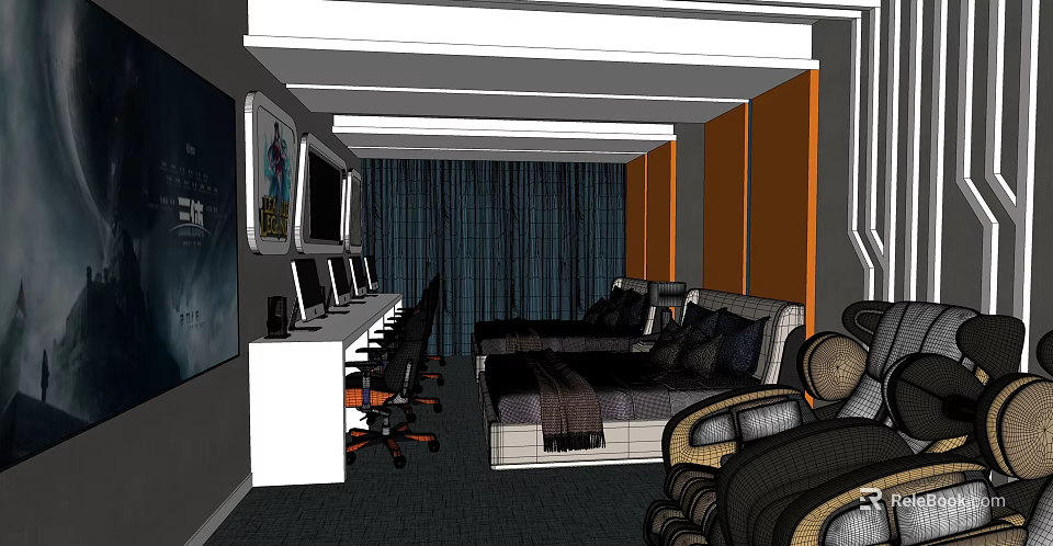 Modern Hotel Guest Room With Comfortable Bed Desk Chairs Curtains And Decorative Paintings 3d model 