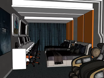 Modern Hotel Guest Room With Comfortable Bed Desk Chairs Curtains And Decorative Paintings 3d model