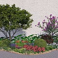 Lush Garden Shrubs With Colorful Flowers Green Trees And Wooden Border