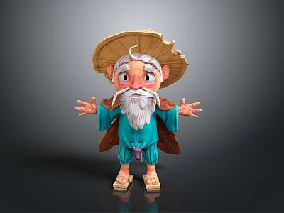 Cartoon Old Man Character With Straw Hat White Beard And Open Arms 3d model