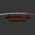 Japanese Katana Sword On Wooden Display Stand With Red Handle And Metal Blade