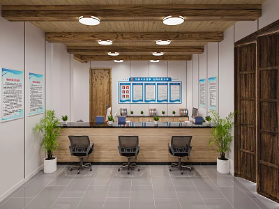 Service Hall Interior With Wooden Ceiling Ceiling Lights Service Counter And Green Plants 3d model