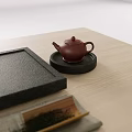 Traditional Tea Set Display on Wooden Table with Teapot Teacups Tray and Accessories