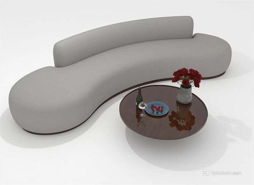 Gray Curved Sectional Sofa with Round Coffee Table Red Flowers Wine Bottle And Blue Plate 3d model 