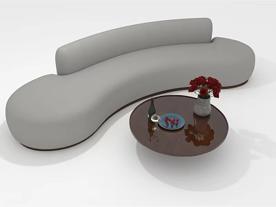 Gray Curved Sectional Sofa with Round Coffee Table Red Flowers Wine Bottle And Blue Plate 3d model