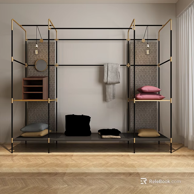 Modern Wardrobe With Black Gold Metal Frame Hanging Area Brown Drawer Cabinet And Folded Clothes 3d model 