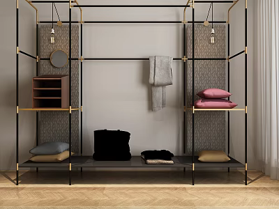 Modern Wardrobe With Black Gold Metal Frame Hanging Area Brown Drawer Cabinet And Folded Clothes 3d model