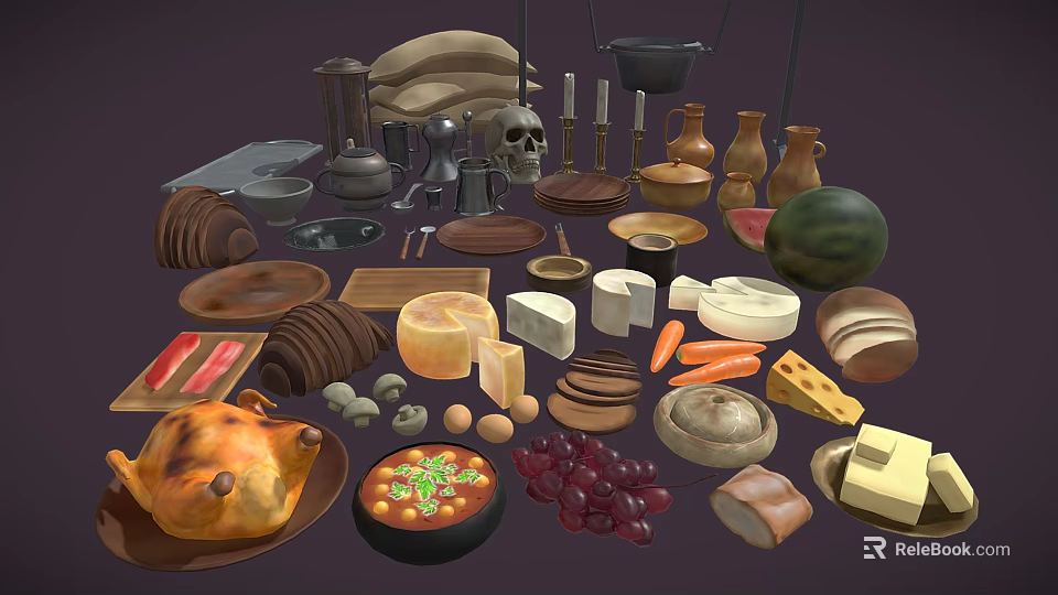 Vintage Kitchen Food And Utensils Collection With Roast Chicken Cheese Bread Fruits And Bowls 3d model 