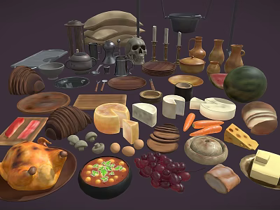 Vintage Kitchen Food And Utensils Collection With Roast Chicken Cheese Bread Fruits And Bowls 3d model