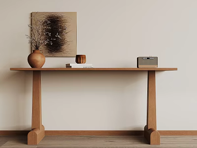 Wooden Console Table With Decorative Vase Artwork Small Radio On Light Wall And Wooden Floor 3d model