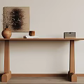 Wooden Console Table With Decorative Vase Artwork Small Radio On Light Wall And Wooden Floor