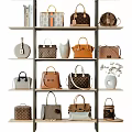 Stylish Various Handbags Displayed On Multi Tiered Shelves With Decorative Vases