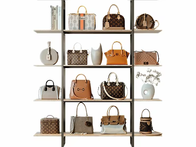 Stylish Various Handbags Displayed On Multi Tiered Shelves With Decorative Vases 3d model