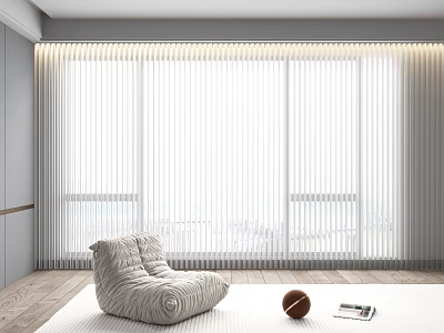 White Blinds Covering Large Window In Modern Room Interior With Gray Chair And Wooden Floor 3d model